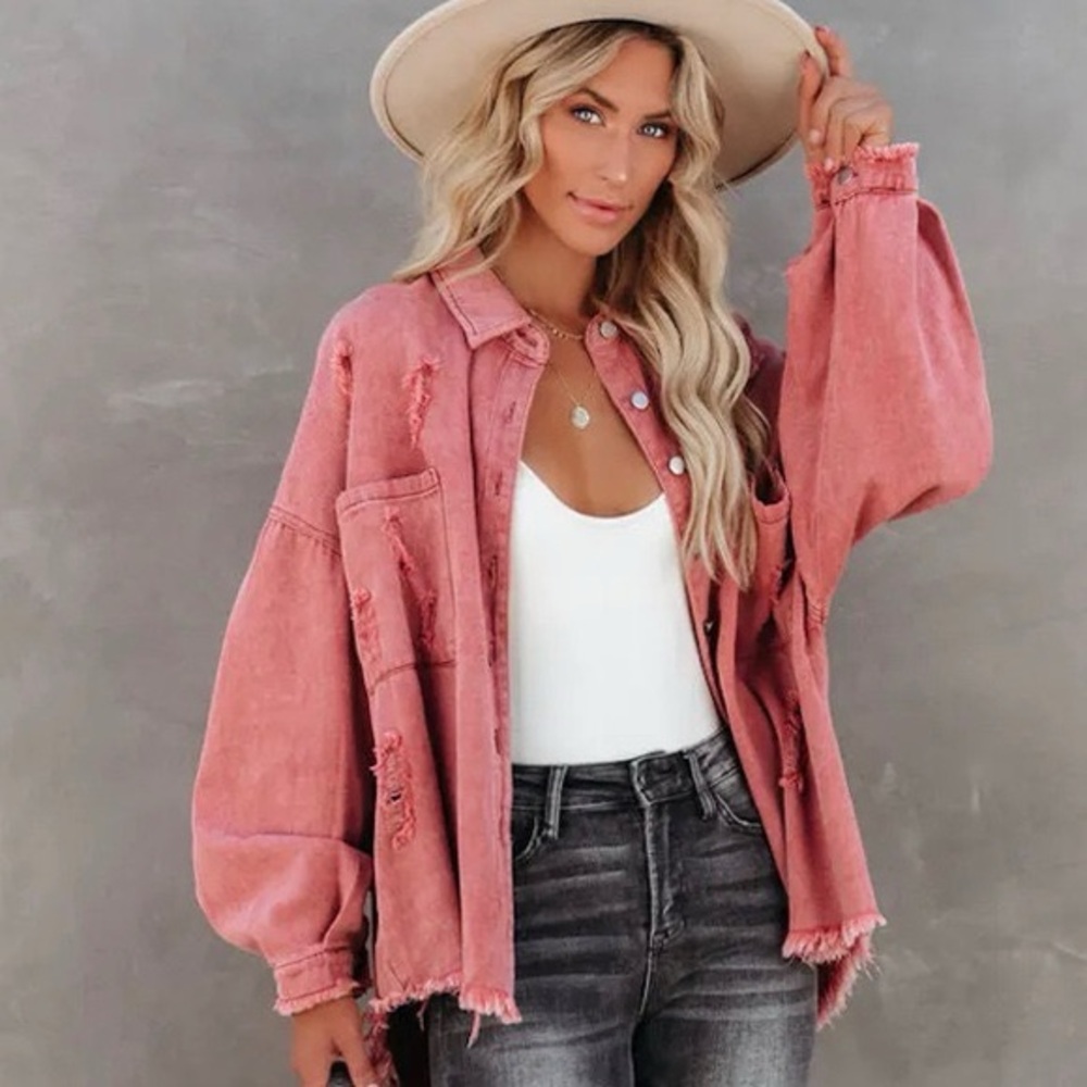 Vici Jacket Womens Large Red Denim Destroyed Thinking Out Loud Button Oversized